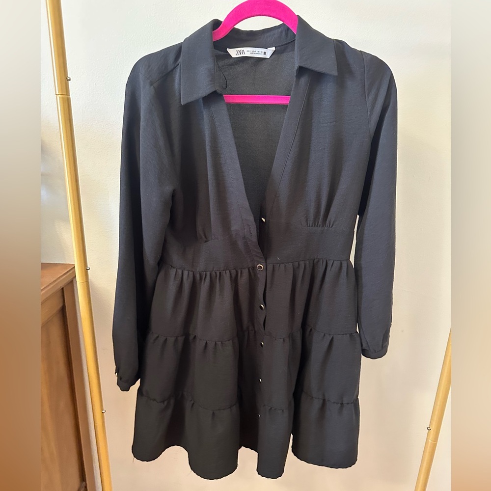 Zara Tiered Black Ruffle Fall Mini Babydoll Dress in Size Small